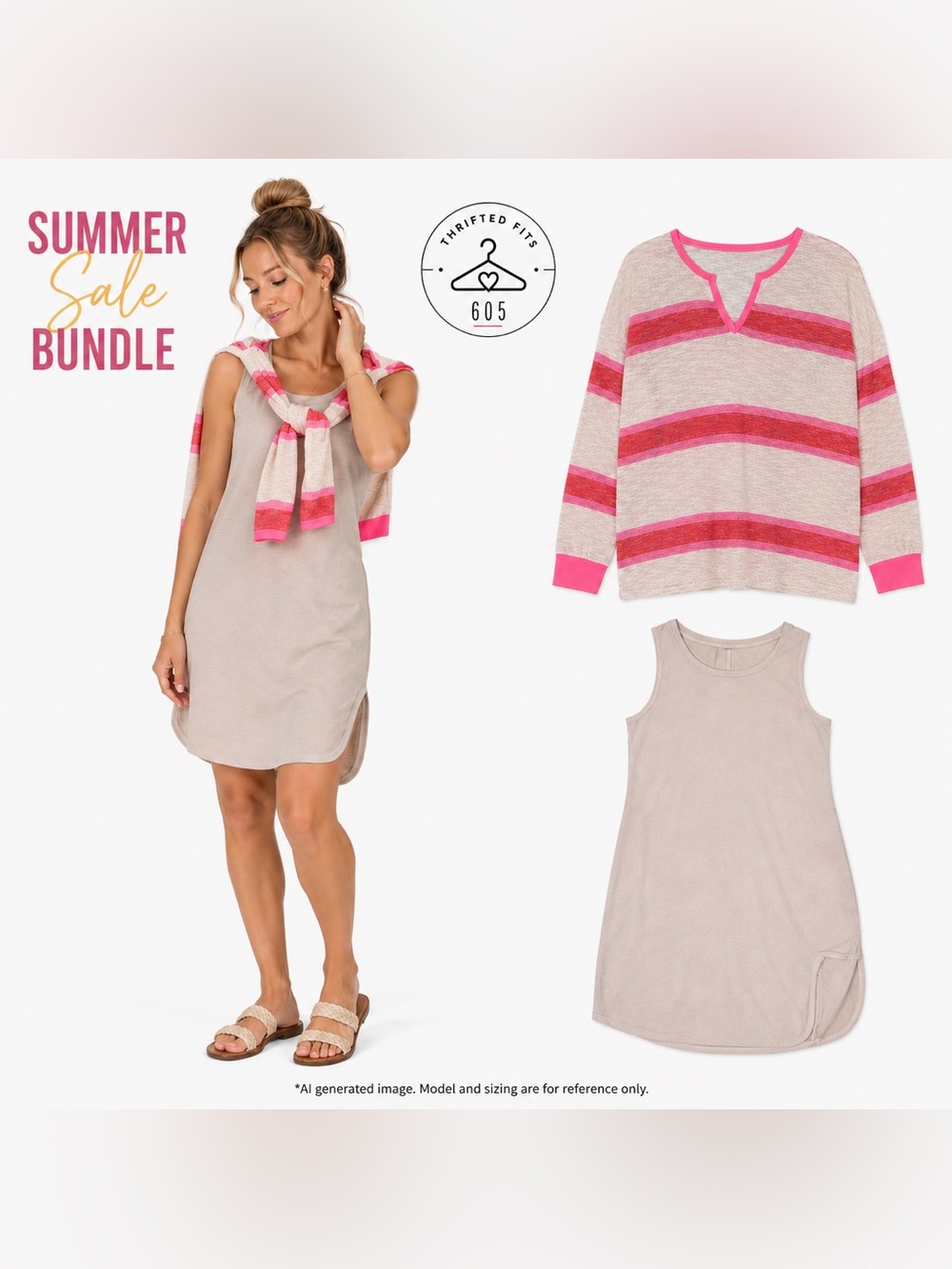 Summer sale bundle!  BiBi Pink Striped V-Neck Sweater w/Cream mini-dress. Size S